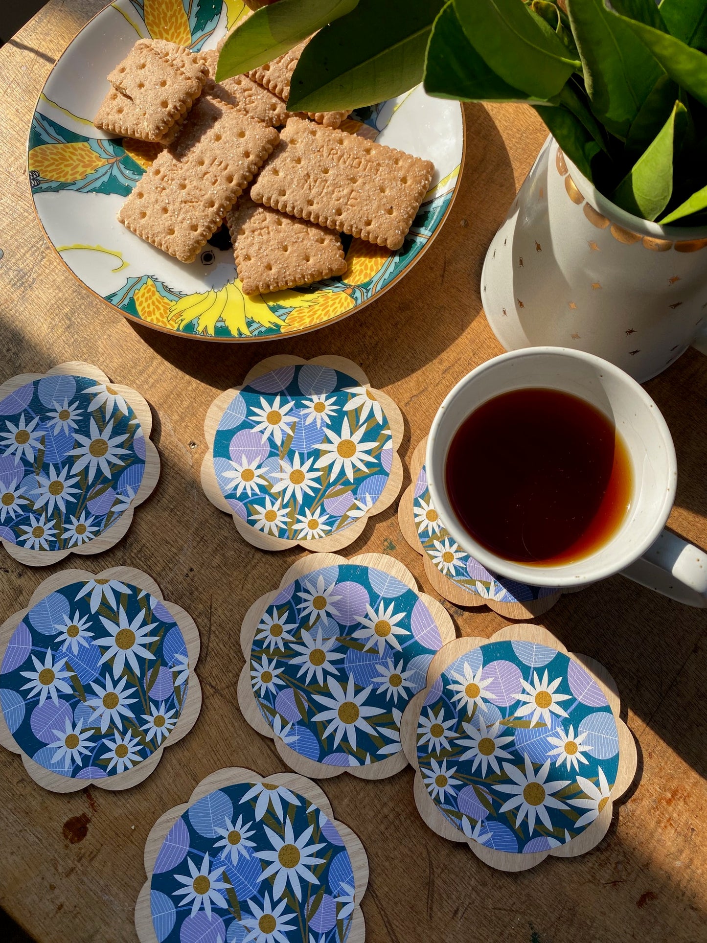 Flannel Flowers Wooden Coaster Set