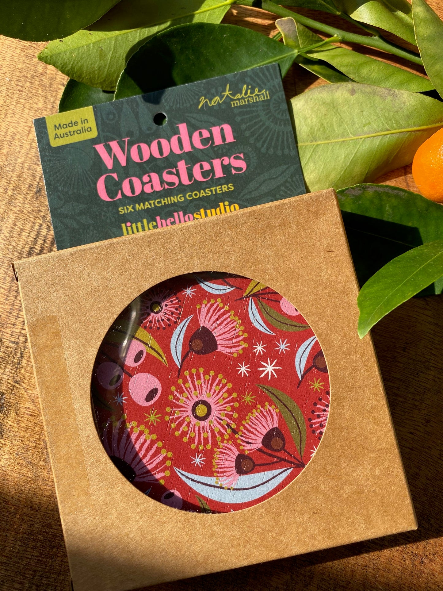 Eucalyptus Blossoms Wooden Coaster Set