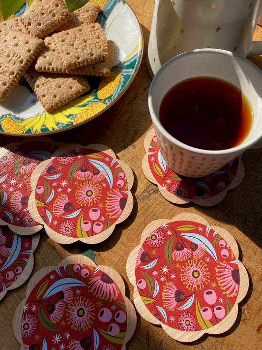 Eucalyptus Blossoms Wooden Coaster Set