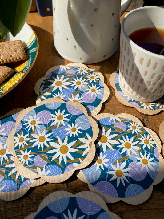 Flannel Flowers Wooden Coaster Set