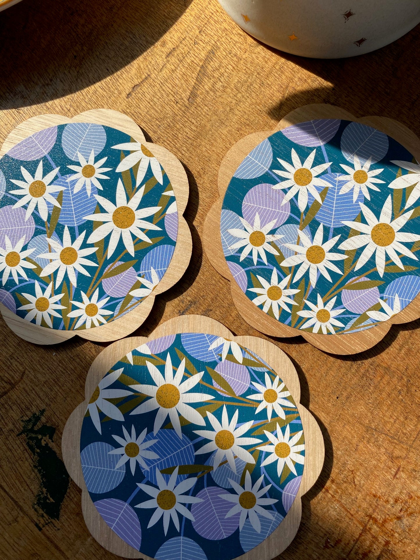 Flannel Flowers Wooden Coaster Set